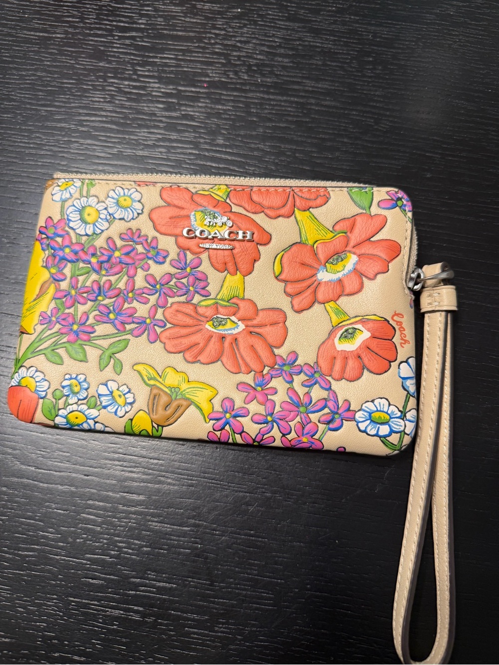 Coach Beige Floral Wristlet with Red, Purple, Yellow & White Accents